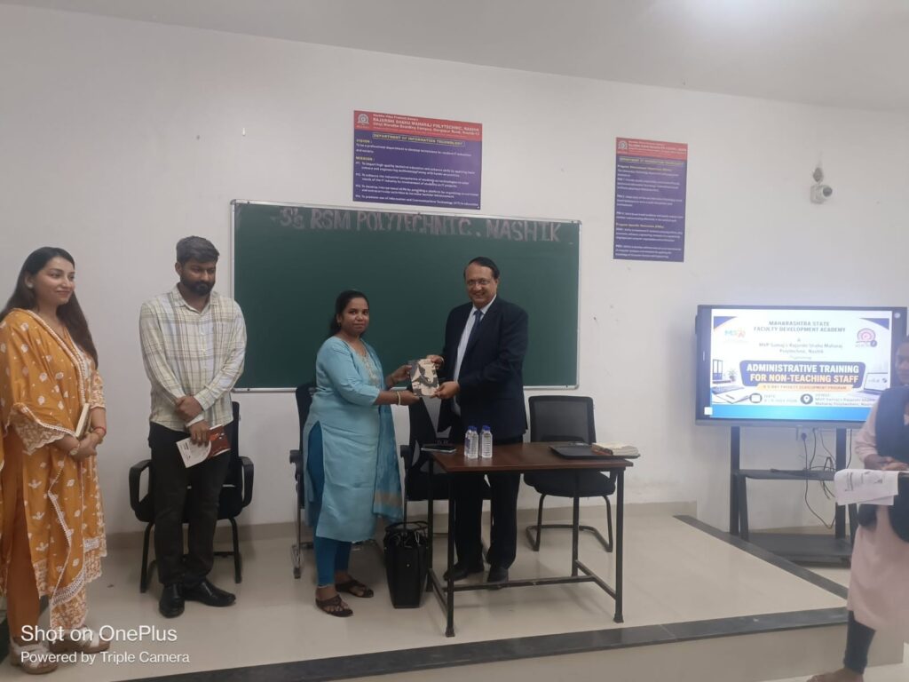 MVPS’s Rajarshi Shahu Maharaj Polytechnic, Nashik, in association with MSFDA, Pune, successfully organized a 3-Day Administrative Training Program for Non-Teaching Staff on 6th, 8th, and 21st July 2026 at RSM Polytechnic, Nashik.